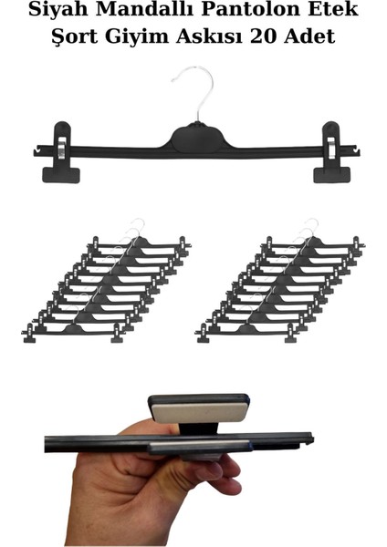 20 Adet 38 cm Plastik Siyah Mandallı Pantolon Etek Şort Giyim Askısı