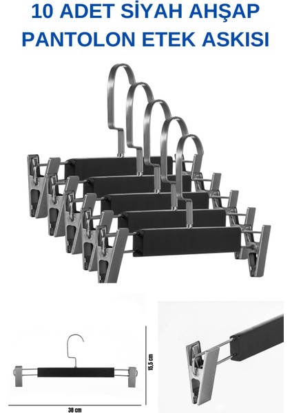10 Adet Lamine Siyah Ahşap Mandallı Pantolon Askısı Etek Askısı