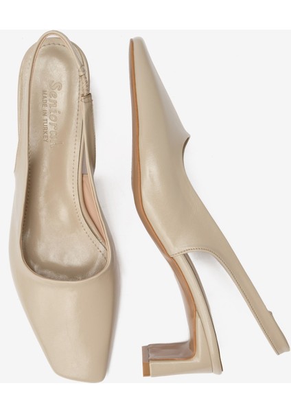 Krem Cilt Küt Burun Kadın Topuklu Ayakkabı