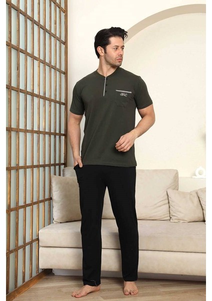 Erkek Bisiklet Yaka 3 Düğmeli Göğüs Cepli Pamuk Likra Mevsimlik Kısa Kol Pijama Takımı