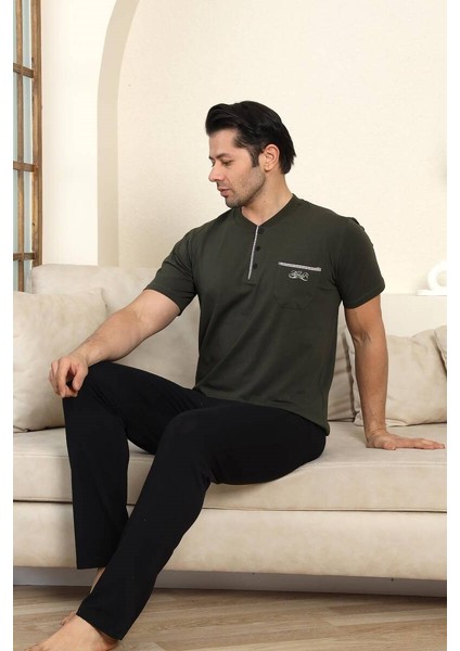 Erkek Bisiklet Yaka 3 Düğmeli Göğüs Cepli Pamuk Likra Mevsimlik Kısa Kol Pijama Takımı fiyatları