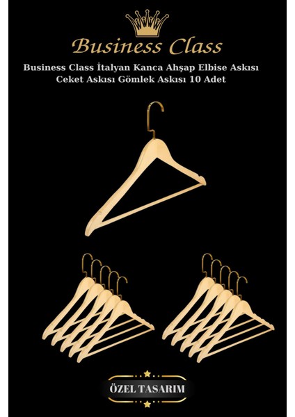 Business Class 45 cm Gold Italyan Kanca 10 Adet Ceket Askısı Buluz Askısı Elbise Askısı Ahşap Askı