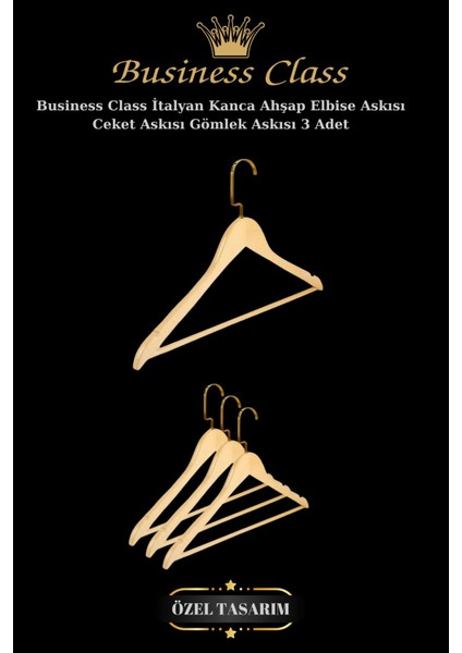 Business Class 45 cm Gold Italyan Kanca 3 Adet Ceket Askısı Buluz Askısı Elbise Askısı Ahşap Askı