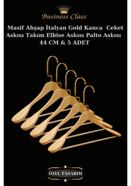 Business Class 5 Adet 44 cm Gold Italyan Kanca Masif Ahşap Elbise Askısı Palto Askısı Ceket Askısı