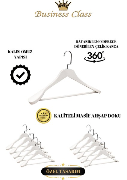 Business Class 3 Adet 44 cm Italyan Kanca Masif Ahşap Takım Elbise Askısı Palto Askısı Ceket Askısı