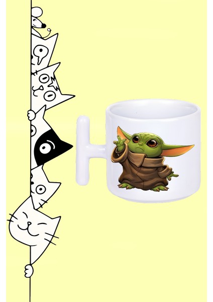 Karakter Master Yoda Tasarım Baskılı Beyaz T Sap Kupa Bardak