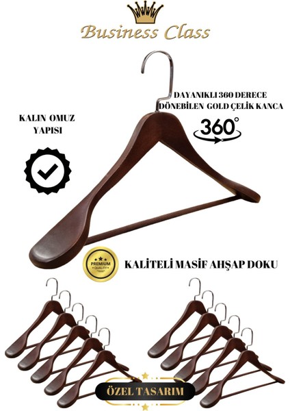 Business Class 10 Adet 44 cm Italyan Kanca Masif Ahşap Takım Elbise Askısı Palto Askısı Ceket Askısı