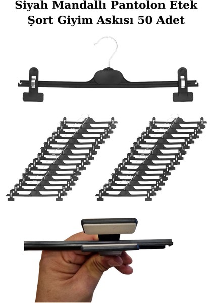 50 Adet 38 cm Plastik Siyah Mandallı Pantolon Etek Şort Giyim Askısı
