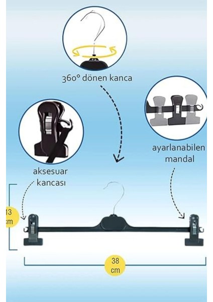50 Adet 38 cm Plastik Siyah Mandallı Pantolon Etek Şort Giyim Askısı fırsatları