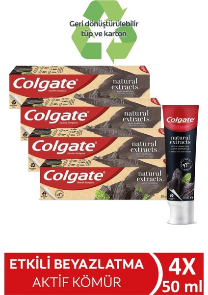 Doğal Beyazlık Etkili Colgate Charcoal Diş Macunu 50 ml x 4 Adet