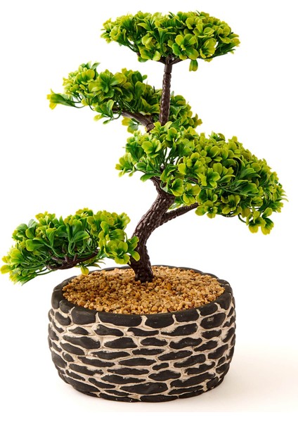 Dekoratif Saksılı Bonsai Meri Yapay Çiçek - Siyah / Yeşil - 20x20x36 cm