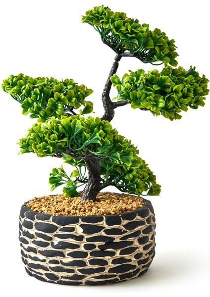 Dekoratif Saksılı Bonsai Meri Yapay Çiçek - Siyah / Yeşil - 20x20x36 cm