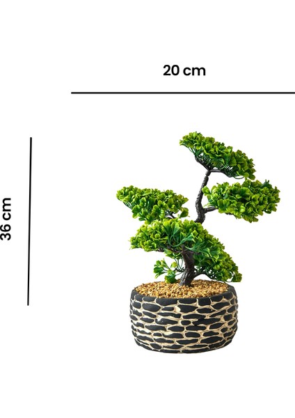 Dekoratif Saksılı Bonsai Meri Yapay Çiçek - Siyah / Yeşil - 20x20x36 cm