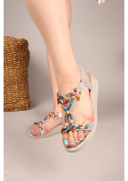 Beads Renkli Boncuklu Sandalet Gümüş