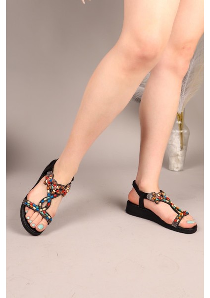 Beads Renkli Boncuklu Sandalet Siyah