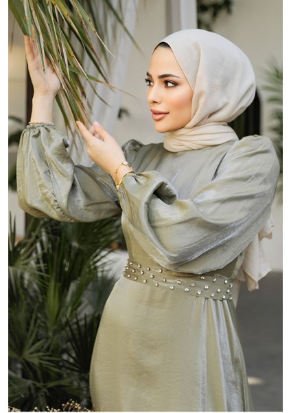 Boncuk Detaylı Açık Haki Tesettür Abiye Elbise 23301AHK