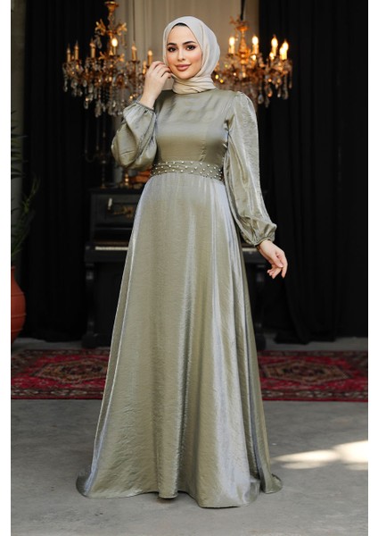 Boncuk Detaylı Açık Haki Tesettür Abiye Elbise 23301AHK fiyatları