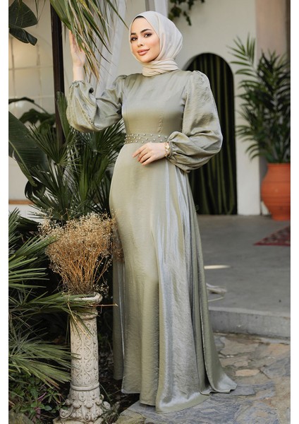 Boncuk Detaylı Açık Haki Tesettür Abiye Elbise 23301AHK modelleri