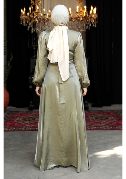 Boncuk Detaylı Açık Haki Tesettür Abiye Elbise 23301AHK fırsatları