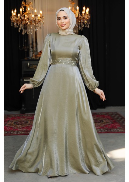 Boncuk Detaylı Açık Haki Tesettür Abiye Elbise 23301AHK indirimleri