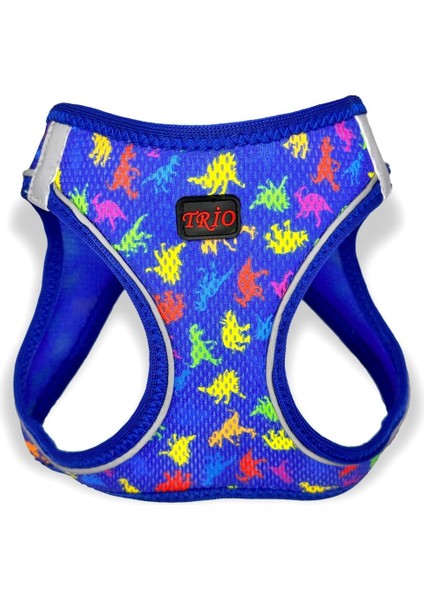 Air-Mesh Reflektörlü Köpek - Kedi Göğüs Tasması Mavi Dino Desenli