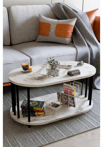 Modern Oval Orta Sehpa Çift Katlı Metal Ayaklı Salon, Ofis, Dekoratif Sehpa, Kahve Sehpası
