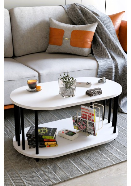 Modern Oval Orta Sehpa Çift Katlı Metal Ayaklı Salon, Ofis, Dekoratif Sehpa, Kahve Sehpası