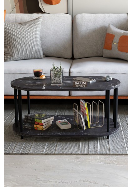 Modern Oval Orta Sehpa Çift Katlı Metal Ayaklı Salon, Ofis, Dekoratif Sehpa, Kahve Sehpası