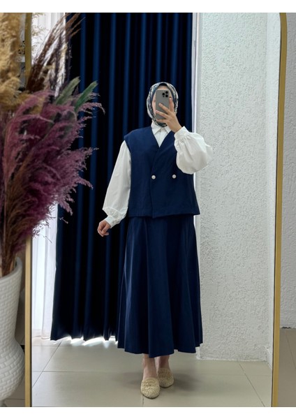 Sanita Bronşlu Keten Yelekli Etekli TAKIM-ML3044 Lacivert