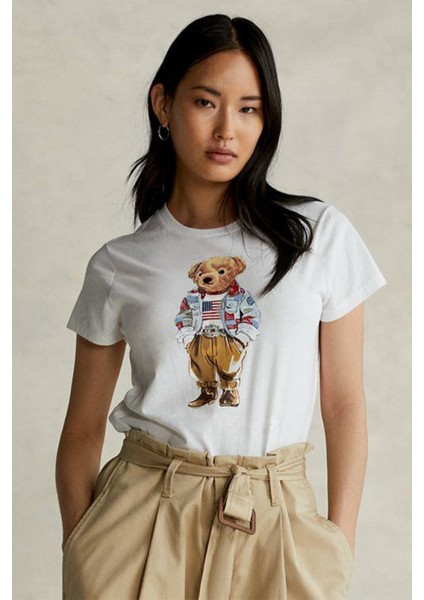 Kadın Grafik Ayıcık Desenli Casual Beyaz Tişört