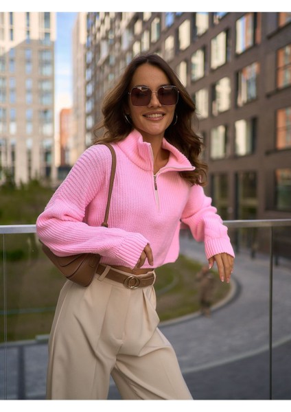 Kadın Oversize Fermuarlı Crop Triko Kazak