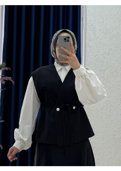 Sanita Bronşlu Keten Yelekli Etekli TAKIM-ML3044 Siyah