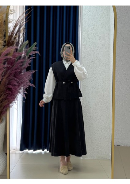 Sanita Bronşlu Keten Yelekli Etekli TAKIM-ML3044 Siyah