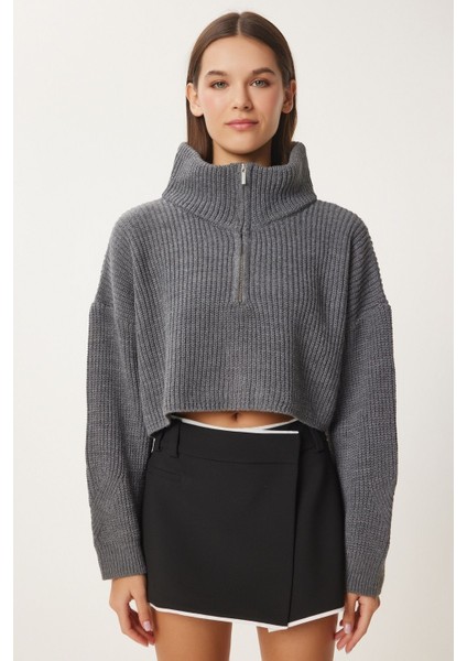 Kadın Oversize Fermuarlı Crop Triko Kazak