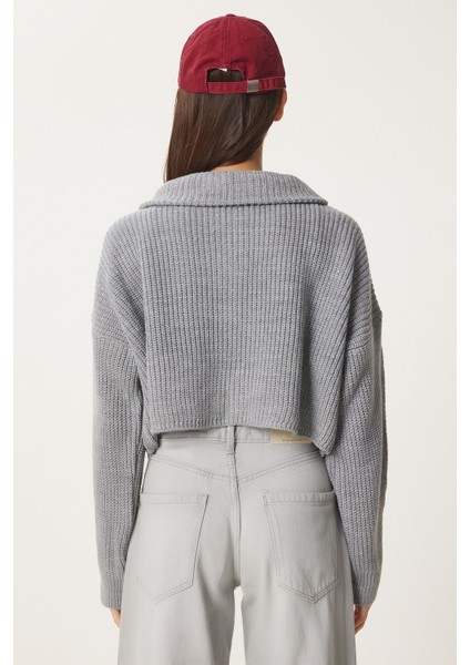 Kadın Oversize Fermuarlı Crop Triko Kazak