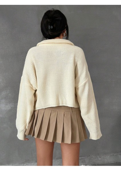 Kadın Oversize Fermuarlı Crop Triko Kazak