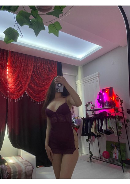 Zincir Detaylı Transparan Mor Mini Gecelik Elbise Takım