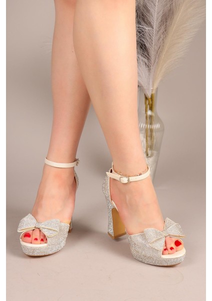 Jelly Taşlı Fiyonklu Platform Topuklu Ayakkabı Sedef