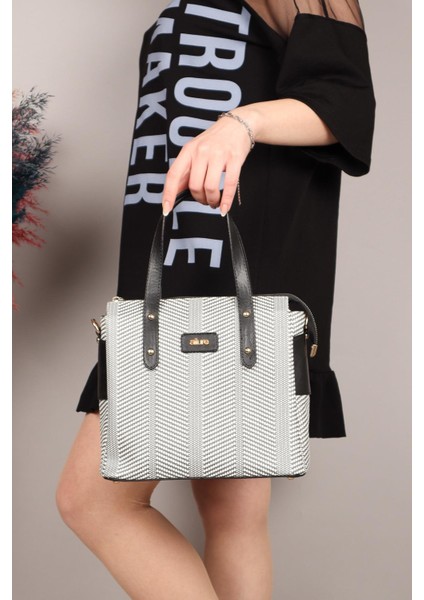 Hasır Baskı Kadın Çanta Siyah