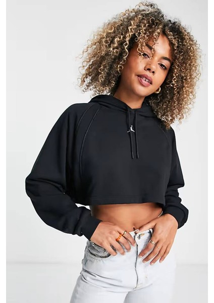 Jordan Sport Fleece Crop Pullover Loose Fit Hoodie Kadın Kapüşonlu Bol Kesim Sweatshirt Siyah