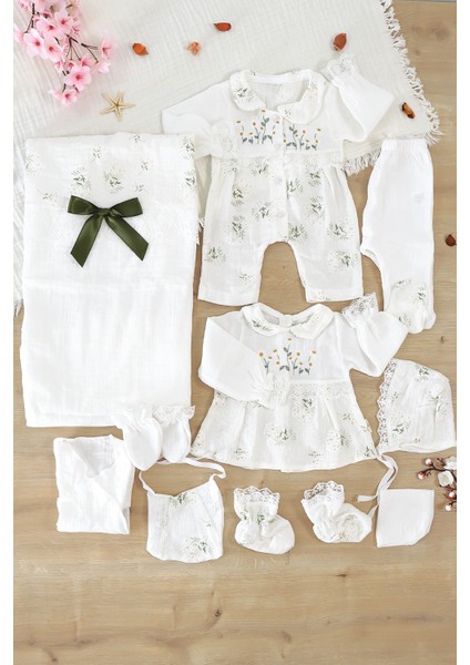 Kız Bebek Yenidoğan Dantelli Süslü Müslin 10 Lu Lüks Hastane Çıkışı Zıbın Seti STL6997