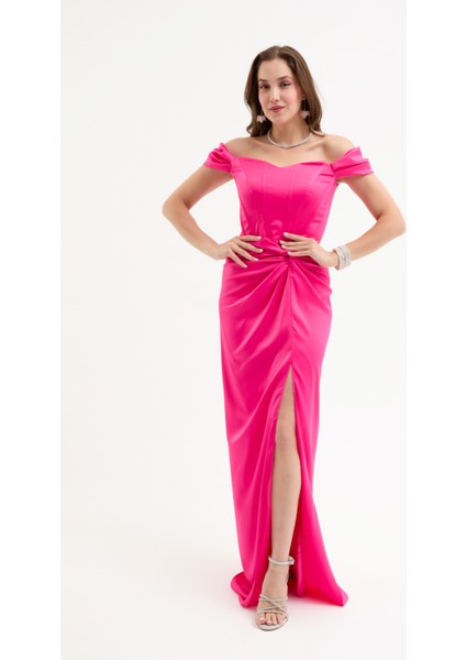 Kadın Fuşya Balen Korseli Uzun Saten Abiye Elbise