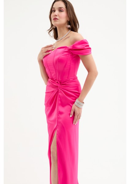 Kadın Fuşya Balen Korseli Uzun Saten Abiye Elbise modelleri