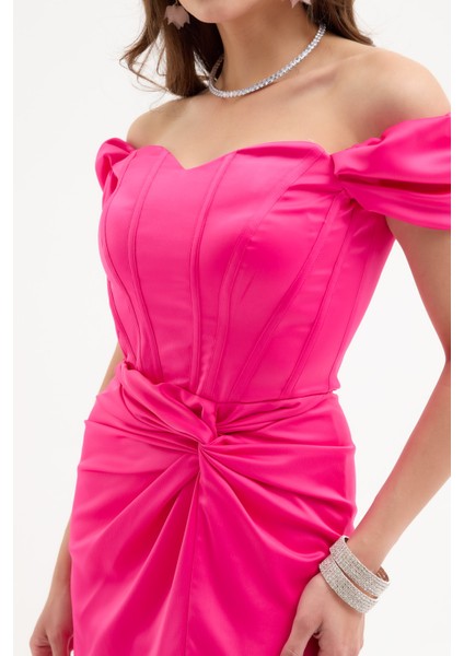 Kadın Fuşya Balen Korseli Uzun Saten Abiye Elbise fırsatları