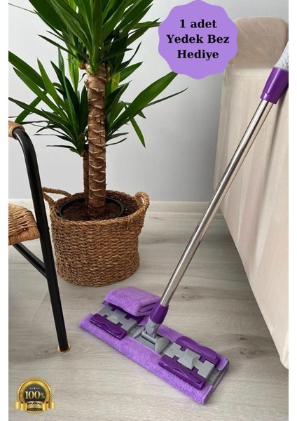 Mandallı Mikrofiber Mop, Yer Mopu, Fayans, Duvar, Yüzey Temizlik (1 Adet Yedek Bez Hediyeli) - Mor