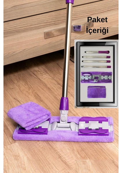 Mandallı Mikrofiber Mop, Yer Mopu, Fayans, Duvar, Yüzey Temizlik (1 Adet Yedek Bez Hediyeli) - Mor