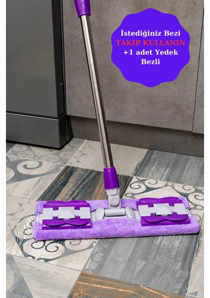Mandallı Mikrofiber Mop, Yer Mopu, Fayans, Duvar, Yüzey Temizlik (1 Adet Yedek Bez Hediyeli) - Mor