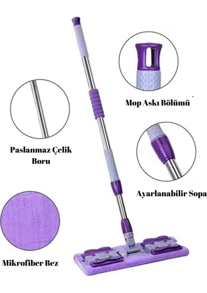 Mandallı Mikrofiber Mop, Yer Mopu, Fayans, Duvar, Yüzey Temizlik (1 Adet Yedek Bez Hediyeli) - Mor