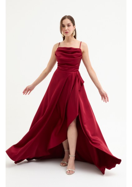 Kadın Bordo Volanlı Yırtmaçlı Saten Abiye & Mezuniyet Elbisesi