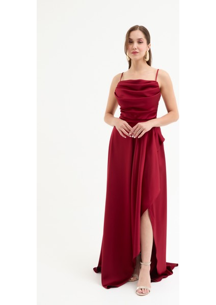 Kadın Bordo Volanlı Yırtmaçlı Saten Abiye & Mezuniyet Elbisesi fiyatları